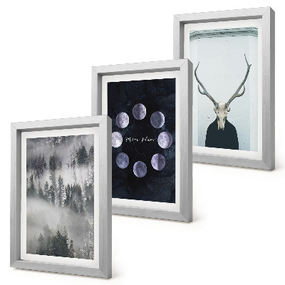 Lot de 3 tableaux Paysage forestier dans le brouillard, phases de la lune, crâne de cerf