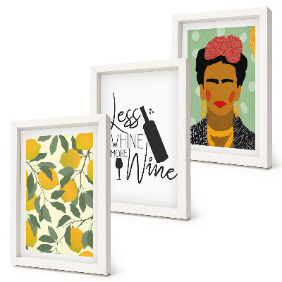 Ensemble de 3 tableaux Portrait de Frida Kahlo dans une bouteille de vin aux citrons