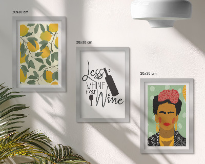 Ensemble de 3 tableaux Portrait de Frida Kahlo dans une bouteille de vin aux citrons