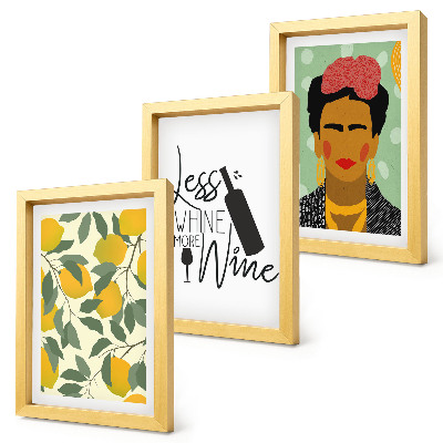 Ensemble de 3 tableaux Portrait de Frida Kahlo dans une bouteille de vin aux citrons