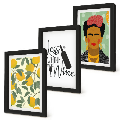 Ensemble de 3 tableaux Portrait de Frida Kahlo dans une bouteille de vin aux citrons
