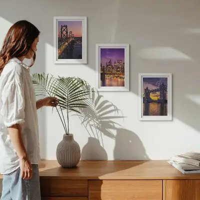 Ponts et paysages urbains au coucher du soleil ensemble de 3 tableaux