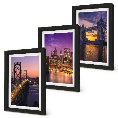 Ensemble de 3 tableaux Ponts et paysages urbains au coucher du soleil