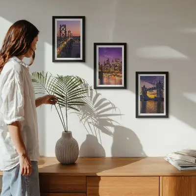 Ponts et paysages urbains au coucher du soleil ensemble de 3 tableaux