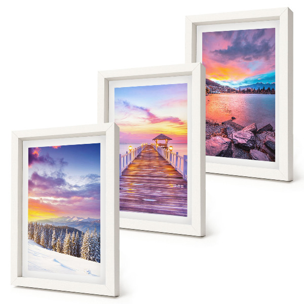 Lot de 3 tableaux Paysage de montagne hivernal avec un quai sur le lac