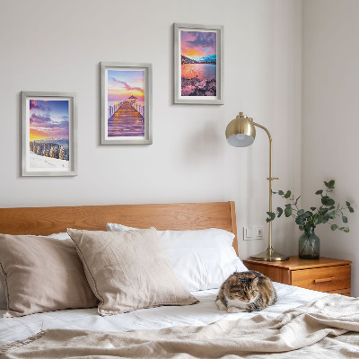 Lot de 3 tableaux Paysage de montagne hivernal avec un quai sur le lac