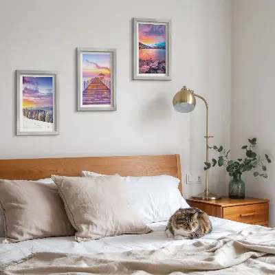 Lot de 3 tableaux représentant un paysage de montagne hivernal avec un quai sur le lac