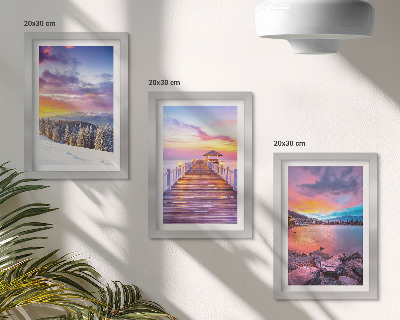 Lot de 3 tableaux Paysage de montagne hivernal avec un quai sur le lac