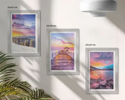 Lot de 3 tableaux représentant un paysage de montagne hivernal avec un quai sur le lac