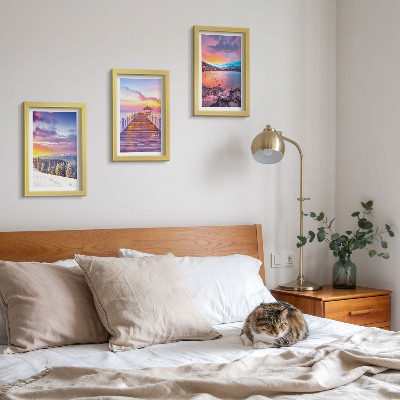 Lot de 3 tableaux Paysage de montagne hivernal avec un quai sur le lac