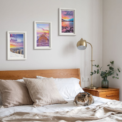 Lot de 3 tableaux Paysage de montagne hivernal avec un quai sur le lac