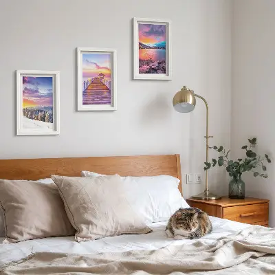 Lot de 3 tableaux représentant un paysage de montagne hivernal avec un quai sur le lac
