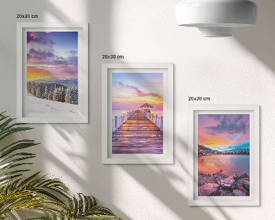 Lot de 3 tableaux Paysage de montagne hivernal avec un quai sur le lac