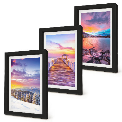 Lot de 3 tableaux Paysage de montagne hivernal avec un quai sur le lac