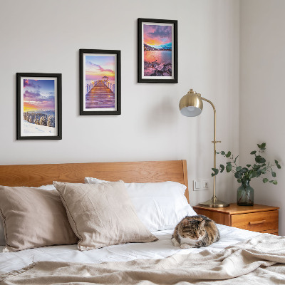 Lot de 3 tableaux Paysage de montagne hivernal avec un quai sur le lac