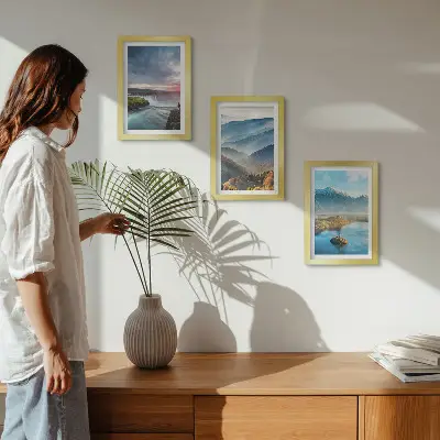 Ensemble de 3 tableaux représentant des paysages de montagne et des cascades