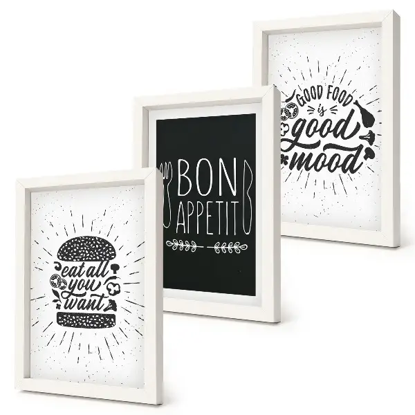 Ensemble de 3 tableaux graphiques avec des slogans sur le thème alimentaire et culinaire