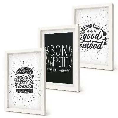 Ensemble de 3 tableaux graphiques avec des slogans sur le thème alimentaire et culinaire