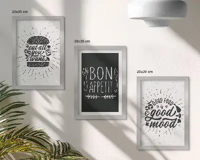 Ensemble de 3 tableaux graphiques avec des slogans sur le thème alimentaire et culinaire