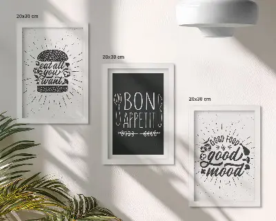 Ensemble de 3 tableaux graphiques avec des slogans sur le thème alimentaire et culinaire
