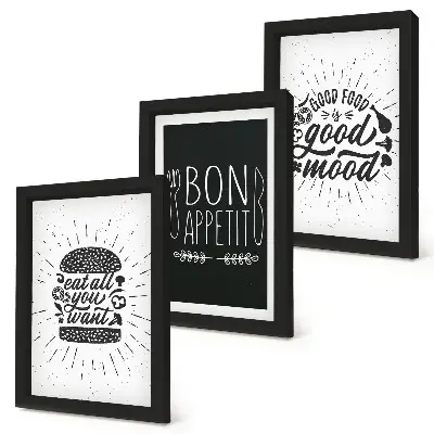 Ensemble de 3 tableaux graphiques avec des slogans sur le thème alimentaire et culinaire