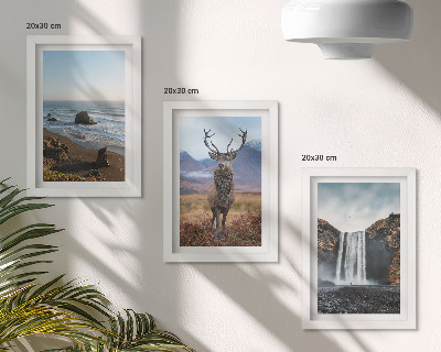 Mur de cadres Paysages de montagne avec une cascade, un cerf et une plage