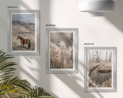Ensemble de 3 tableaux Des chevaux dans un paysage d'herbes et un ruisseau en hiver