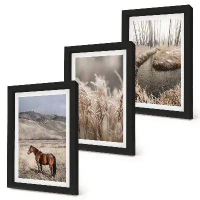 Ensemble de 3 tableaux représentant des chevaux dans un paysage enneigé avec ruisseau