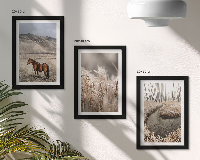 Ensemble de 3 tableaux Des chevaux dans un paysage d'herbes et un ruisseau en hiver