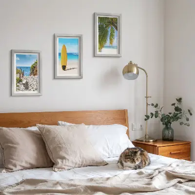 Lot de 3 tableaux vues de vacances sur la plage avec vagues et palmiers tropicaux