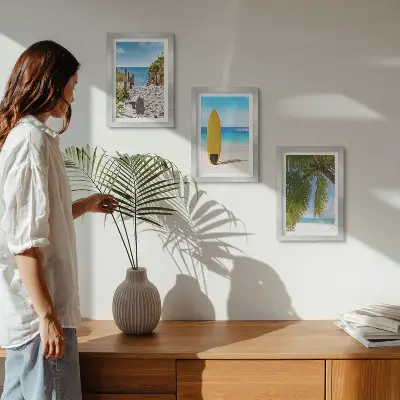 Lot de 3 tableaux vues de vacances sur la plage avec vagues et palmiers tropicaux