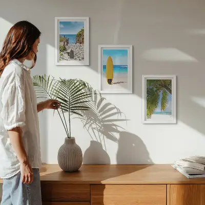 Lot de 3 tableaux vues de vacances sur la plage avec vagues et palmiers tropicaux