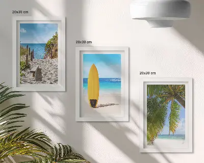 Lot de 3 tableaux vues de vacances sur la plage avec vagues et palmiers tropicaux