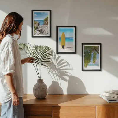 Lot de 3 tableaux vues de vacances sur la plage avec vagues et palmiers tropicaux
