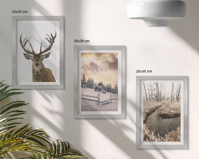 Ensemble de 3 tableaux Paysage d'hiver avec une cabane à cerfs et un ruisseau