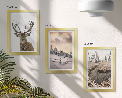 Ensemble de 3 tableaux Paysage d'hiver avec une cabane à cerfs et un ruisseau