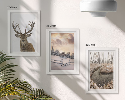 Ensemble de 3 tableaux Paysage d'hiver avec une cabane à cerfs et un ruisseau