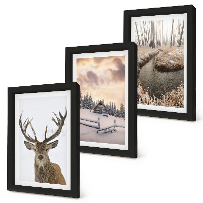 Ensemble de 3 tableaux Paysage d'hiver avec une cabane à cerfs et un ruisseau