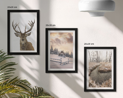Ensemble de 3 tableaux Paysage d'hiver avec une cabane à cerfs et un ruisseau