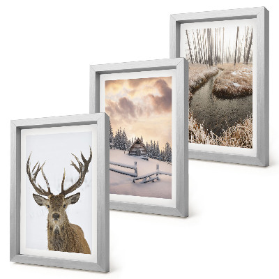 Ensemble de 3 tableaux Paysage d'hiver avec une cabane à cerfs et un ruisseau