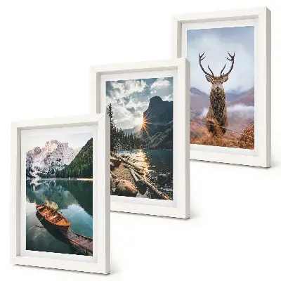 Mur de cadres lac de montagne avec bateau, coucher de soleil et cerfs dans la nature