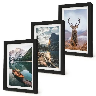 Mur de cadres lac de montagne avec bateau, coucher de soleil et cerfs dans la nature