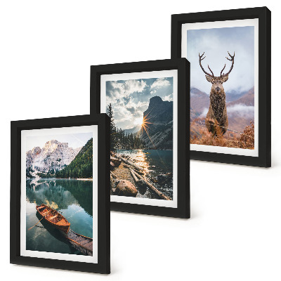 Mur de cadres Lac de montagne, bateau, coucher de soleil, cerfs en pleine nature