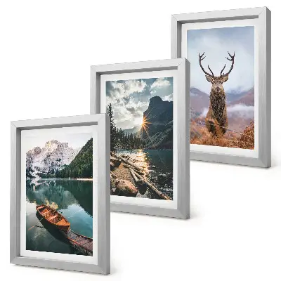 Mur de cadres lac de montagne avec bateau, coucher de soleil et cerfs dans la nature