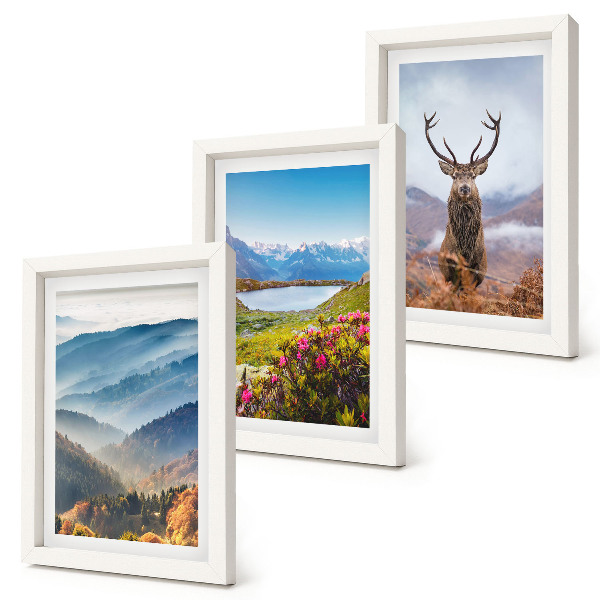 Lot de 3 tableaux Paysages de montagne avec un lac et des cerfs dans la nature