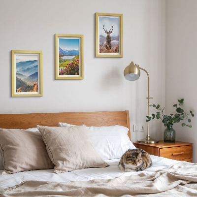 Lot de 3 tableaux Paysages de montagne avec un lac et des cerfs dans la nature