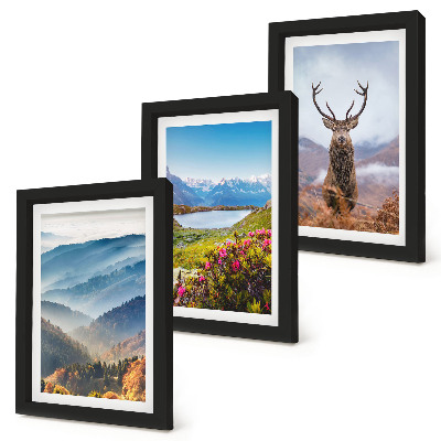Lot de 3 tableaux Paysages de montagne avec un lac et des cerfs dans la nature