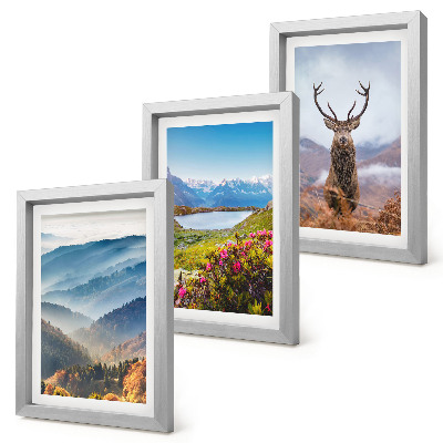 Lot de 3 tableaux Paysages de montagne avec un lac et des cerfs dans la nature