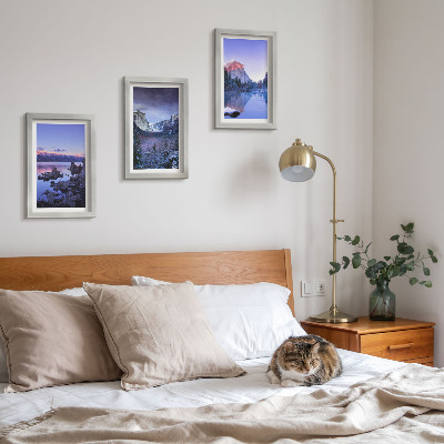 Ensemble de 3 tableaux Paysages de montagne au crépuscule, vues sur l'eau