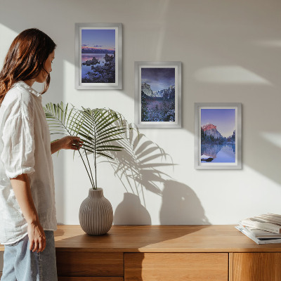 Ensemble de 3 tableaux Paysages de montagne au crépuscule, vues sur l'eau